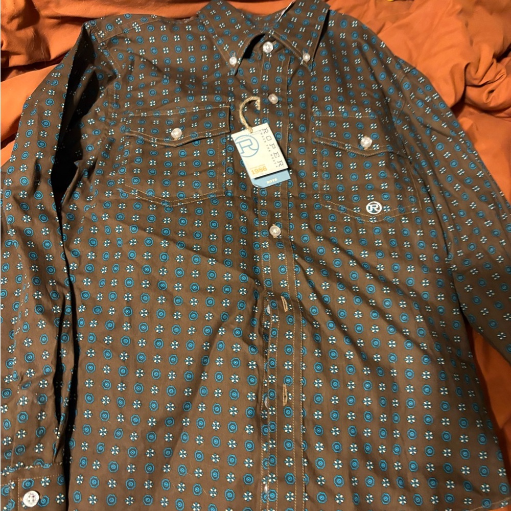 Kid’s Roper Western l Brown Button-Up Shirt with Blue Geo Print
